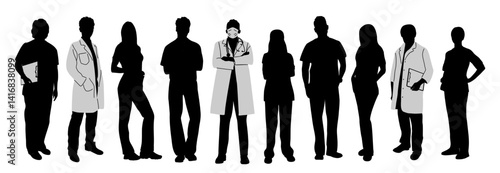 Silhouettes of doctors, nurses, paramedics. Different male, female medic workers in uniform scrubs and lab coats, with stethoscopes. Vector illustrations isolated on white transparent background