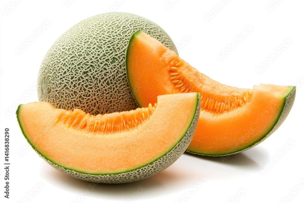 A whole cantaloupe melon with two slices A whole cantaloupe melon with two slices