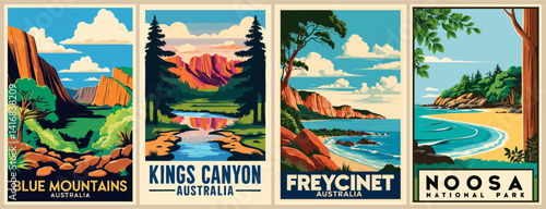National parks of Australia travel posters in retro style. Blue Mountains, Kings Canyon, Noosa, Freycinet landscape prints. Vector colorful art illustrations