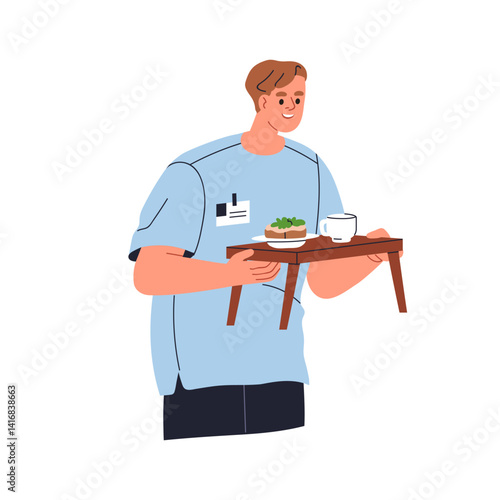 Man holding food tray. Caregiver, hospital nurse bringing dishes. Meal service concept. Carer, sitter, social worker carrying, serving snack. Flat vector illustration isolated on white background