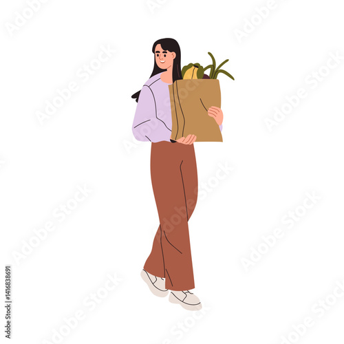 Woman carrying grocery in paper bag. Happy young female customer holding purchases in hands, food products after supermarket and store shopping. Flat vector illustration isolated on white background
