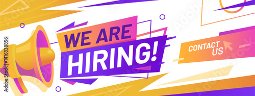 Hire offer we are hiring join to our team banner with megaphone. Vector announcement for job advertisements, recruitment promotions, or social media hiring campaigns to attract potential candidates