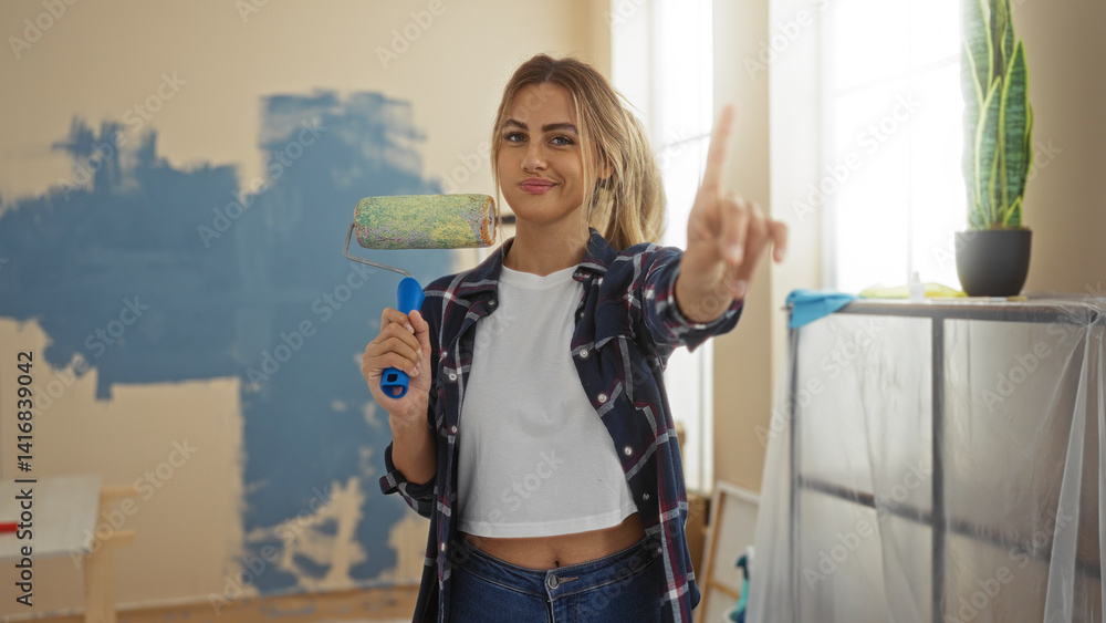 Woman painting living room with blue roller, smiling and pointing while renovating stylish interior of new home with casual attire.