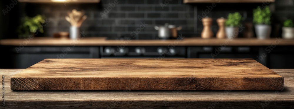 Empty wooden board on table with blurred modern kitchen in background for product display or montage. Template for food and beverage advertising and branding concept Empty wooden board on table with blurred modern kitchen in background for product display or montage. Template for food and beverage advertising and branding concept