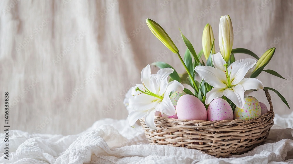 Obraz premium Elegant white Easter lilies and pastel colored eggs in a rustic woven basket with a blurred background and delicate linen texture