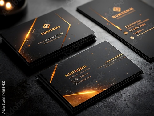 Luxurious black and gold business cards in a stack.