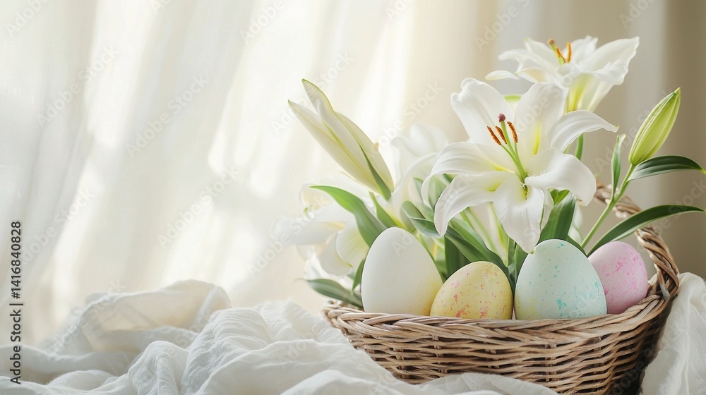 Obraz premium Elegant white Easter lilies and pastel colored eggs in a rustic woven basket with a blurred background and delicate linen texture