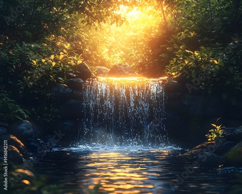 Serene waterfall cascading through a lush verdant forest