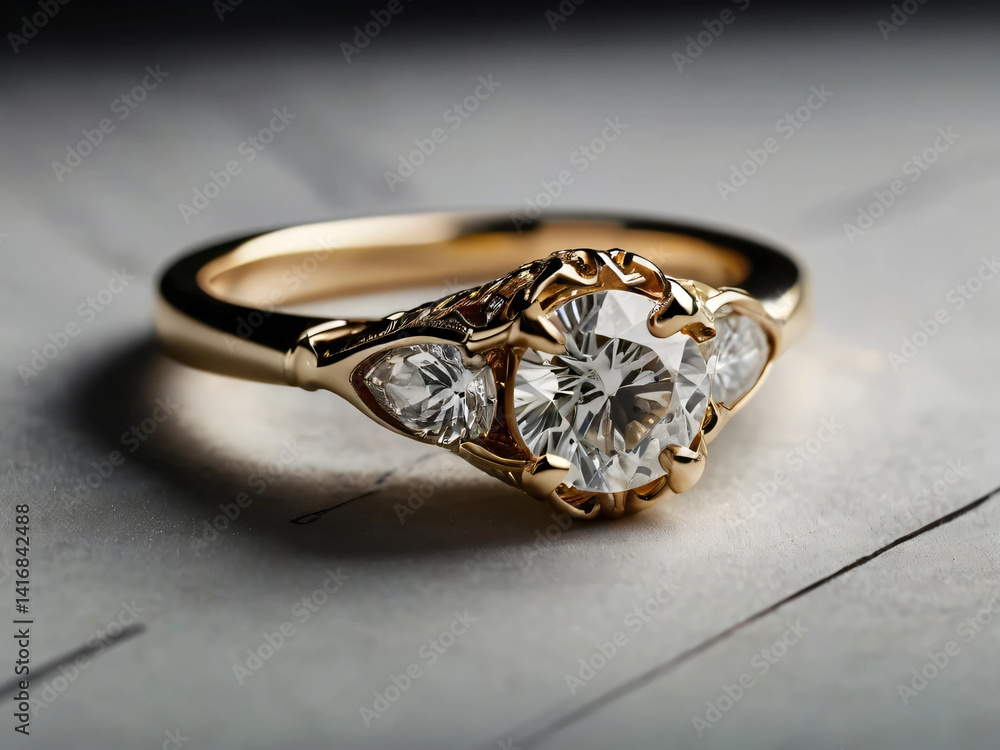 An elegant diamond engagement ring with a prominent solitaire, set on a slender gold band. An elegant diamond engagement ring with a prominent solitaire, set on a slender gold band.