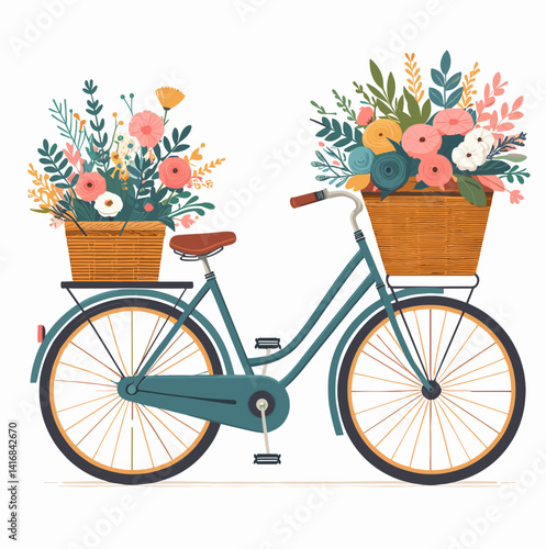 Vintage bicycle with flower baskets, cheerful and colorful, fresh nature background, copy space