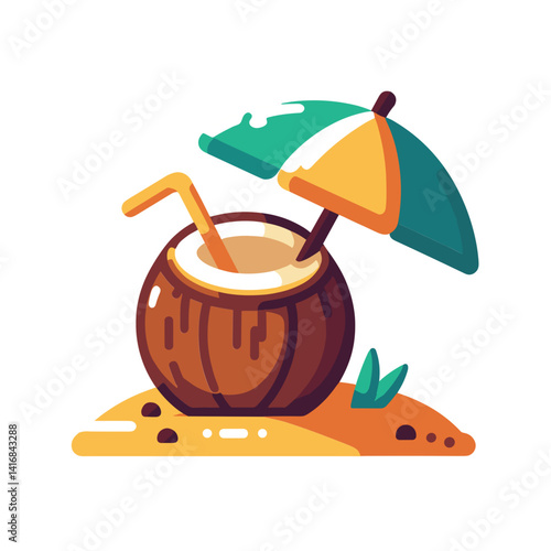 Coconut drink with a straw and umbrella on the beach, tropical vibe
