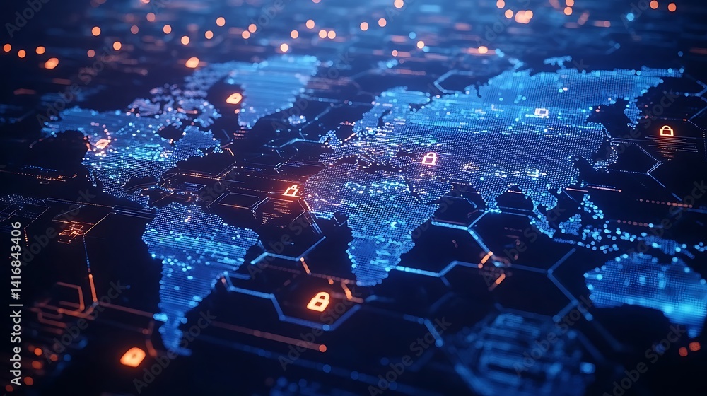 Naklejka premium Digital World Map with Cybersecurity Icons, Digital world map with cybersecurity icons, glowing blue and orange