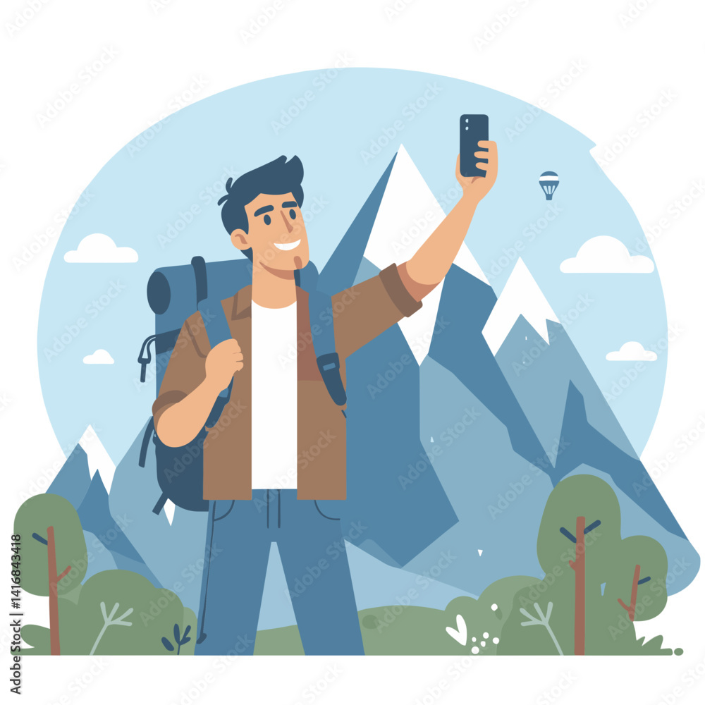 Obraz premium Happy traveler taking a selfie in the mountains with a backpack, adventure background