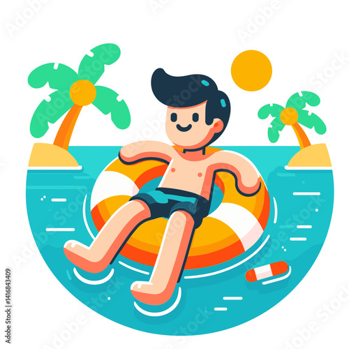 Cheerful boy relaxing on a float in the water, tropical beach background, copy space