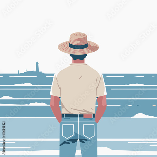 Man in straw hat facing the ocean, contemplating the horizon, serene background, copy space