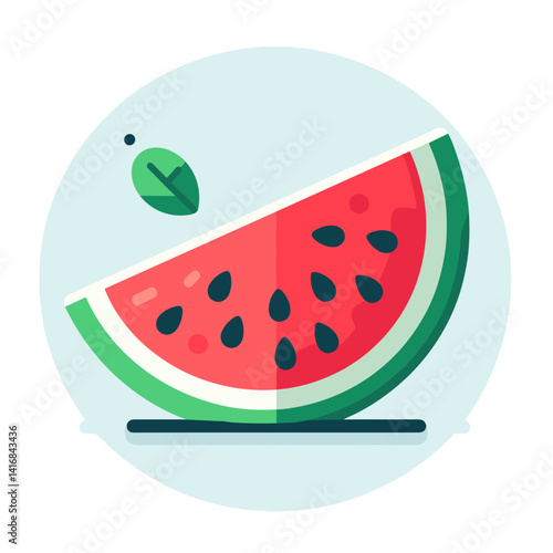 Slice of fresh watermelon with seeds and leaf, vibrant background, copy space