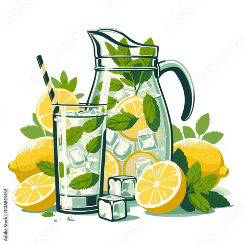 Refreshing lemonade with mint in a pitcher and glass, summer vibe, copy space
