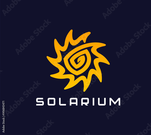 Solarium tan icon, summer beach sun symbol. Vector yellow sun with radiant rays and swirl pattern. Vector emblem of solar energy, spa, warmth and vitality, tanning salons or wellness brands