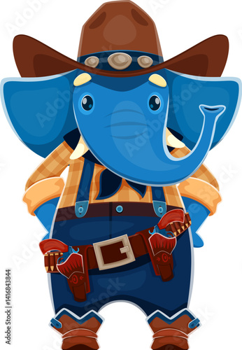 Cartoon elephant cowboy or Western sheriff and Wild West robber bandit, vector animal character. Funny elephant Texas ranger in cowboy hat with revolver guns in bandoleer for cartoon character