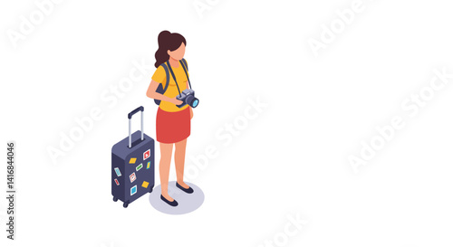 Young woman traveler with camera and suitcase standing in casual outfit flat design vector illustration