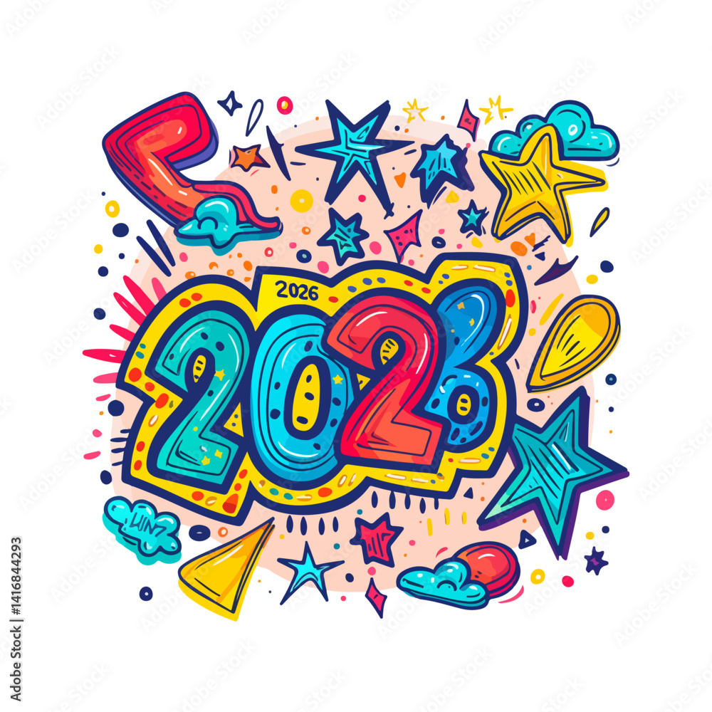 Fototapeta premium Colorful 2023 New Year Design Vibrant Doodle Illustration