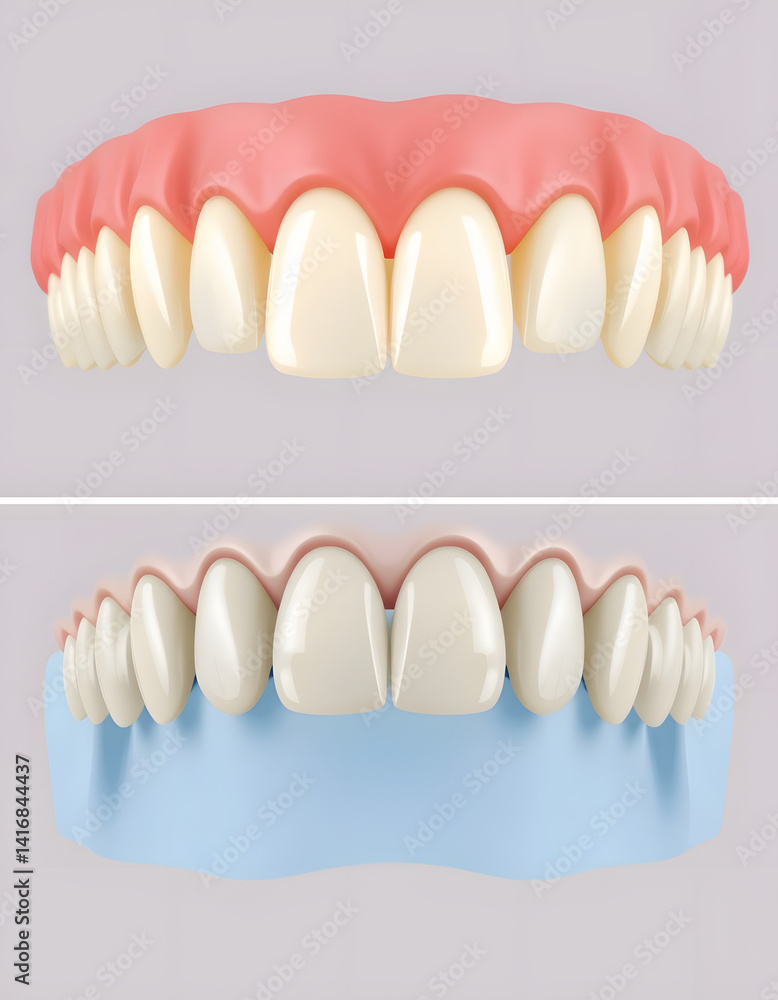 Obraz premium Two distinct dental cases featuring customized crowns and porcelain veneers for comprehensive full-mouth rehabilitation., vector style. with white shades
