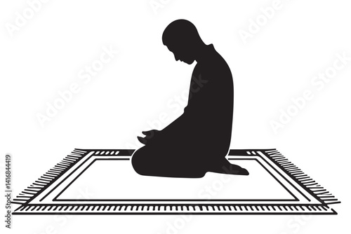 Silhouette of Muslim Man Praying on Rug Vector Illustration