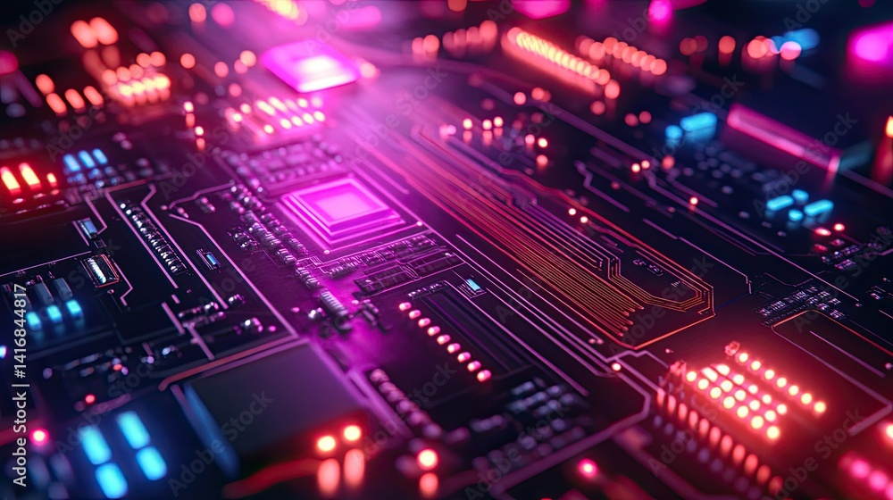 Neon Circuitry: A Futuristic Motherboard Illuminated with Vibrant Pink, Purple, and Blue Lights Neon Circuitry: A Futuristic Motherboard Illuminated with Vibrant Pink, Purple, and Blue Lights
