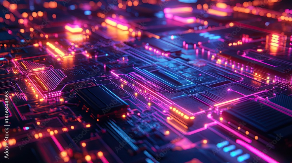 Neon Circuitry: A Futuristic Motherboard Illuminated with Vibrant Pink, Purple, and Blue Lights Neon Circuitry: A Futuristic Motherboard Illuminated with Vibrant Pink, Purple, and Blue Lights