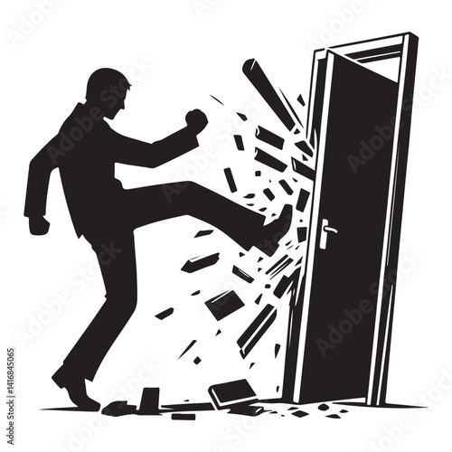 Aggressive Man Silhouette Kicking Down a Door Vector Art