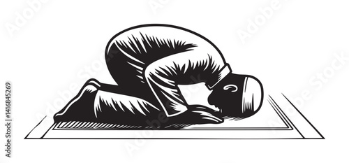 Silhouette of a Muslim Praying Illustration on Prayer Rug