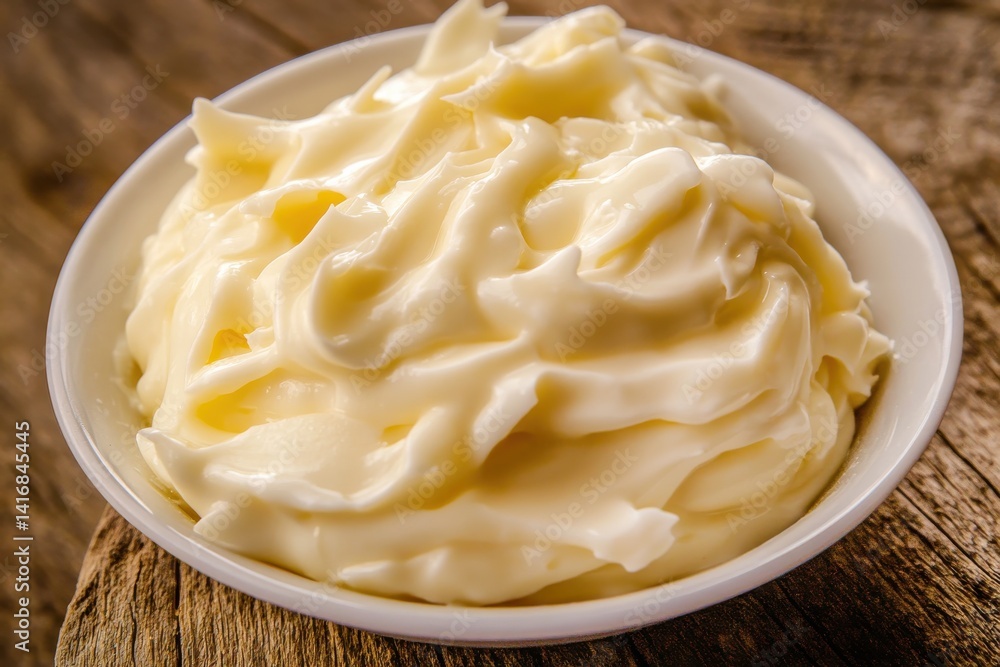 A white bowl filled with mayonnaise resting on a wooden surface, showcasing its creamy texture and light yellow hue. Ready for culinary use. A white bowl filled with mayonnaise resting on a wooden surface, showcasing its creamy texture and light yellow hue. Ready for culinary use.