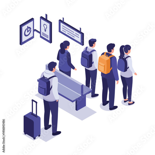 Group of diverse young adults standing in line with backpacks and luggage in modern flat style vector illustration