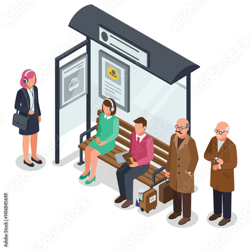 Diverse group of people waiting at modern bus stop with digital signage in detailed isometric style vector illustration