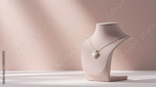 Close-up of heart pendant necklace on velvet stand with pastel tones and soft metal glow - Mother's Day