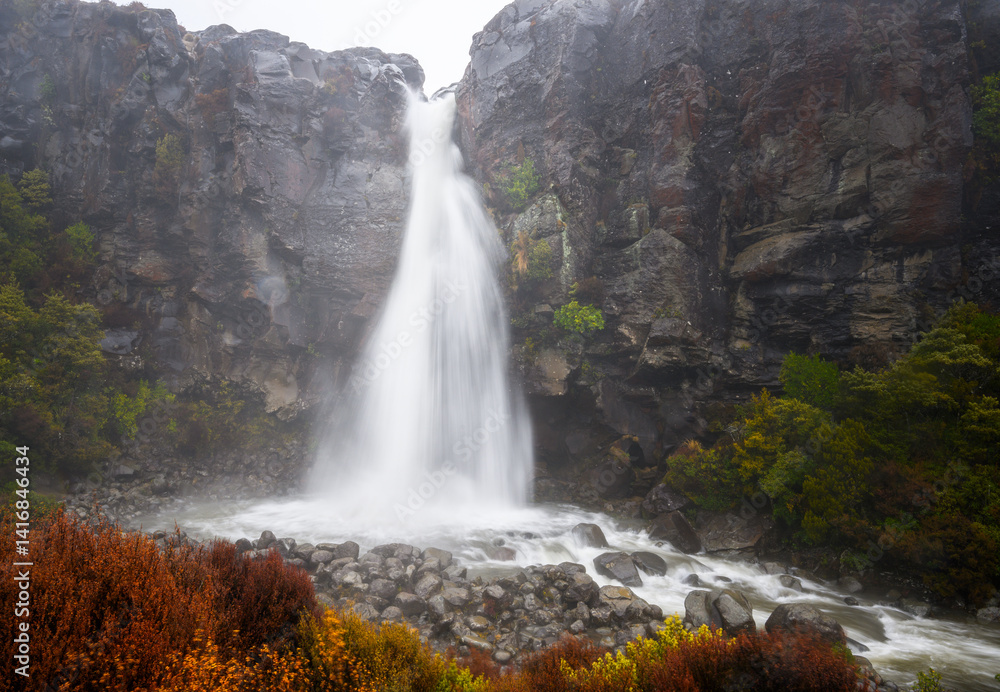 Long exposure image of Taranaki Falls in the rain. Tongariro National Park. New Zealand.