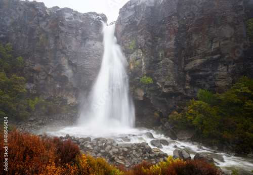 Long exposure image of Taranaki Falls in the rain. Tongariro National Park. New Zealand.