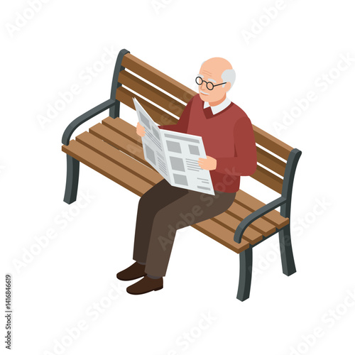 Elderly man with glasses reading newspaper on wooden bench in casual clothing flat isometric vector illustration