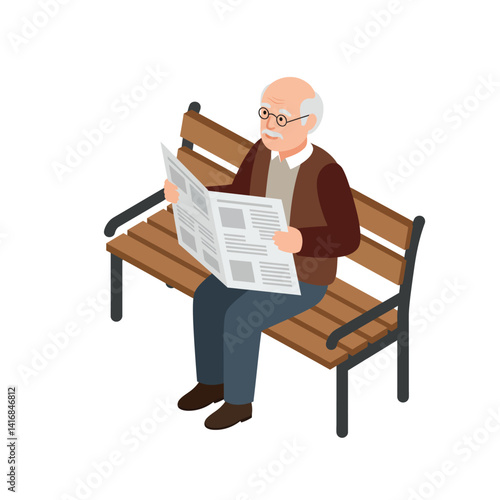 Elderly man with glasses reading newspaper on wooden bench in casual clothes flat isometric vector illustration