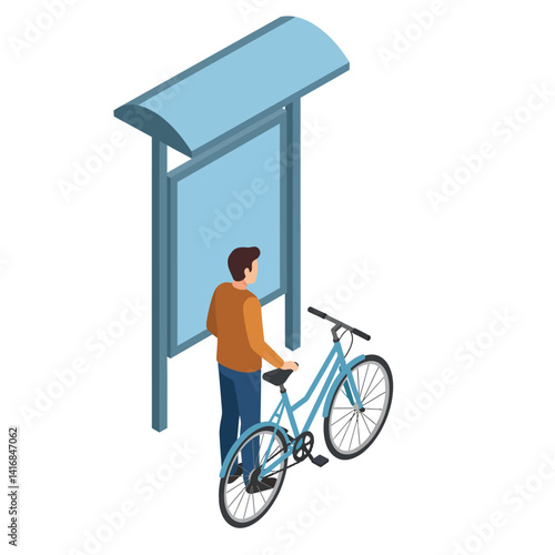 Young man standing with bicycle at bus stop shelter in isometric minimal vector illustration