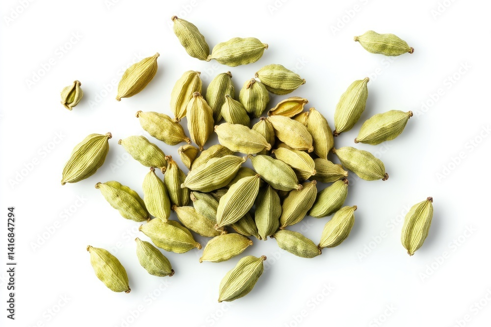 A cluster of green cardamom pods, scattered on a white background (1) A cluster of green cardamom pods, scattered on a white background (1)