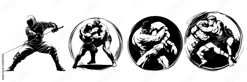Fototapeta premium Fighter Vector Set – Martial Arts and Wrestling Pose Illustration