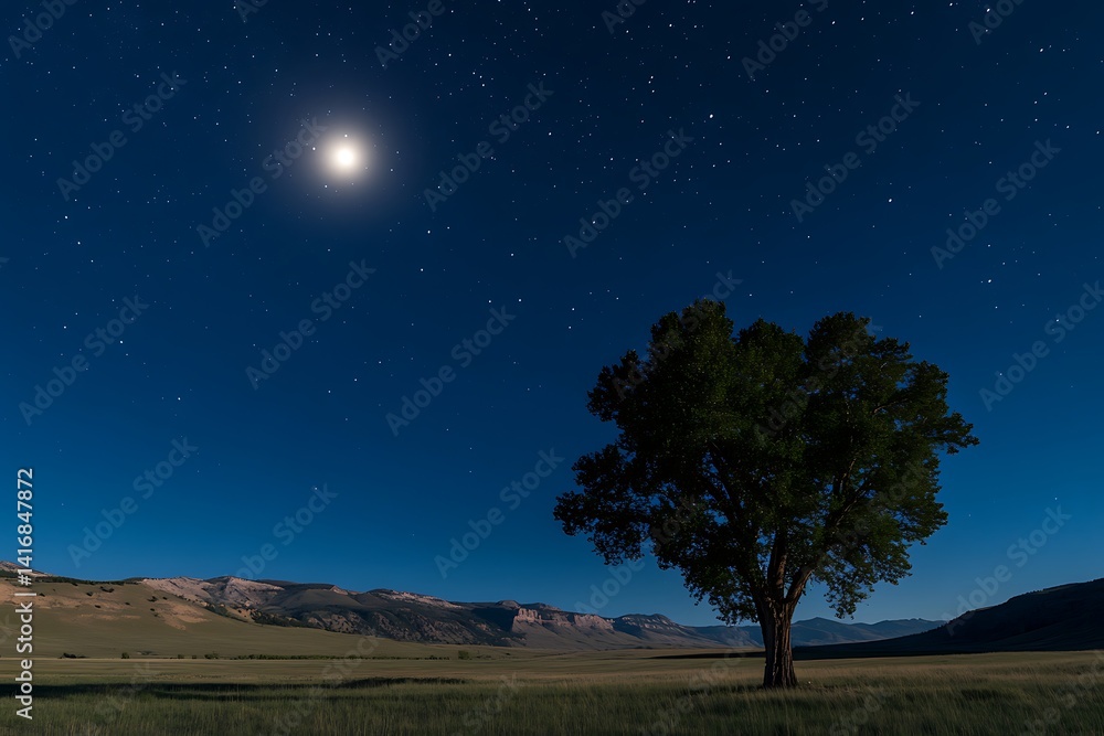 Majestic Lone Tree Standing in an Open Field Under Clear Sky Majestic Lone Tree Standing in an Open Field Under Clear Sky