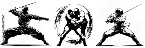 Fighter Vector Set – Martial Arts and Wrestling Pose Illustration

