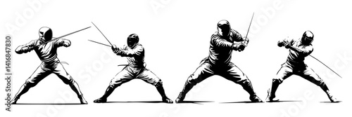 Martial Arts Swordfighters Vector – Fencing Action Set

