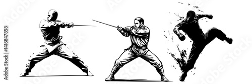 Martial Arts Swordfighters Vector – Fencing Action Set


