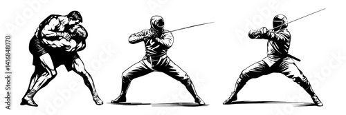 Martial Arts Swordfighters Vector – Fencing Action Set

