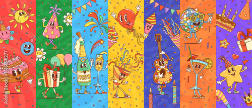 Cartoon groovy birthday holiday characters collage. Vector balloons, cake, champagne, confetti, musical instruments and decor, emphasizes celebration, joy, fun, festivity, parties and special occasion