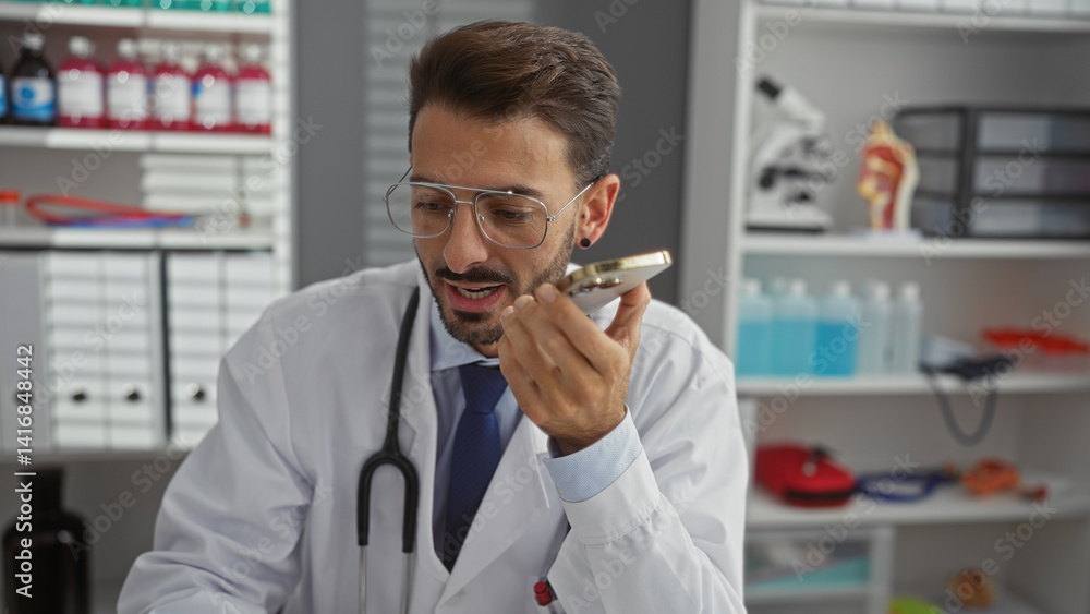 Handsome doctor in a clinic using a smartphone for voice messaging in a professional environment with medical equipment visible in the background. Handsome doctor in a clinic using a smartphone for voice messaging in a professional environment with medical equipment visible in the background.