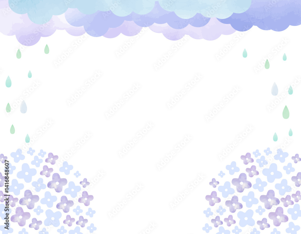 梅雨のイメージ　紫陽花と雨雲のフレーム背景素材　1